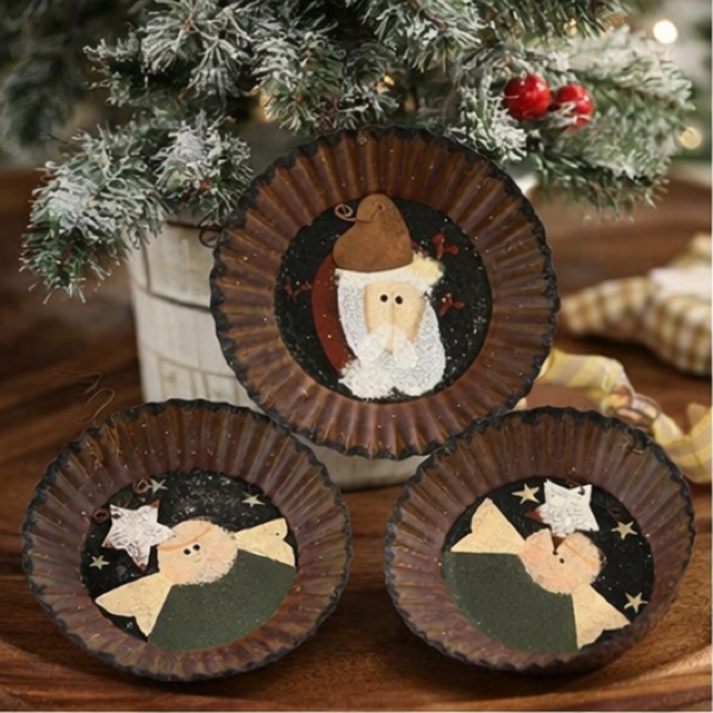 Vintage Hand Painted Metal Christmas Ornaments Folk Art Santa Angels Pie Tins
